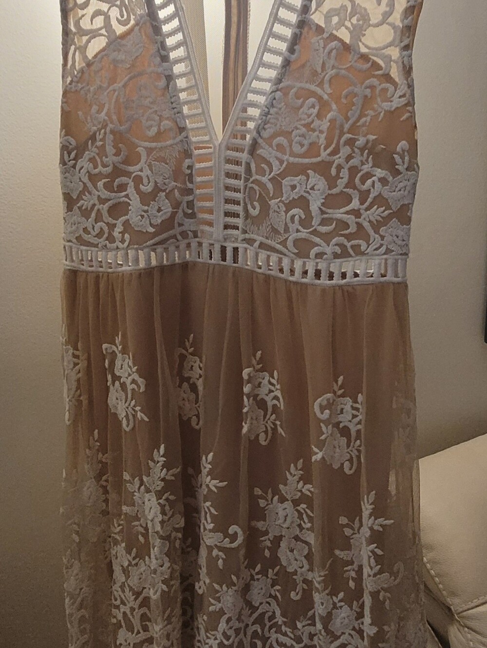 Forever 21 White Lace V-Neck Dress with Tan Sheer Base